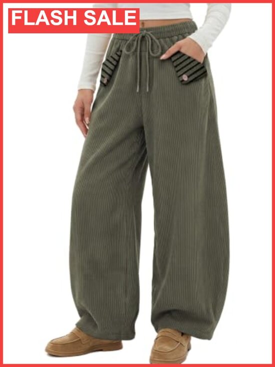 Pants - TARSE Corduroy Barrel Pants Striped Patch Pockets Drawstring Waist Baggy